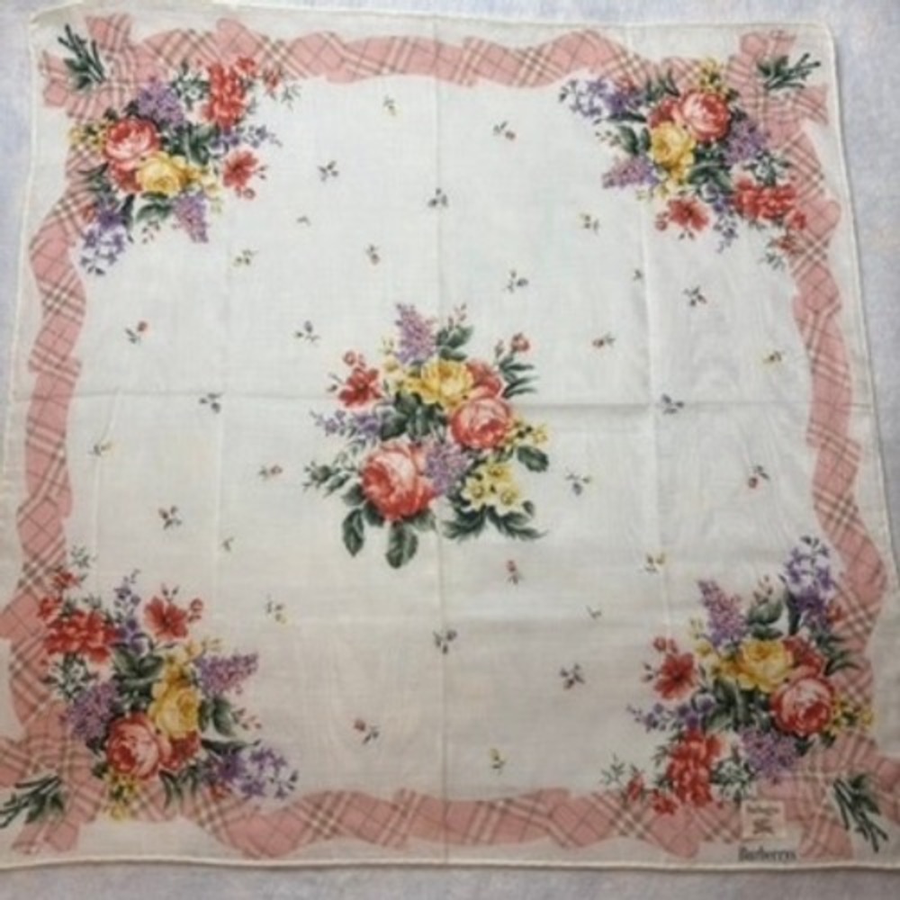 BURBERRYS Scarf Handkerchief Floral Nova Check Cotton White Pink 18x18